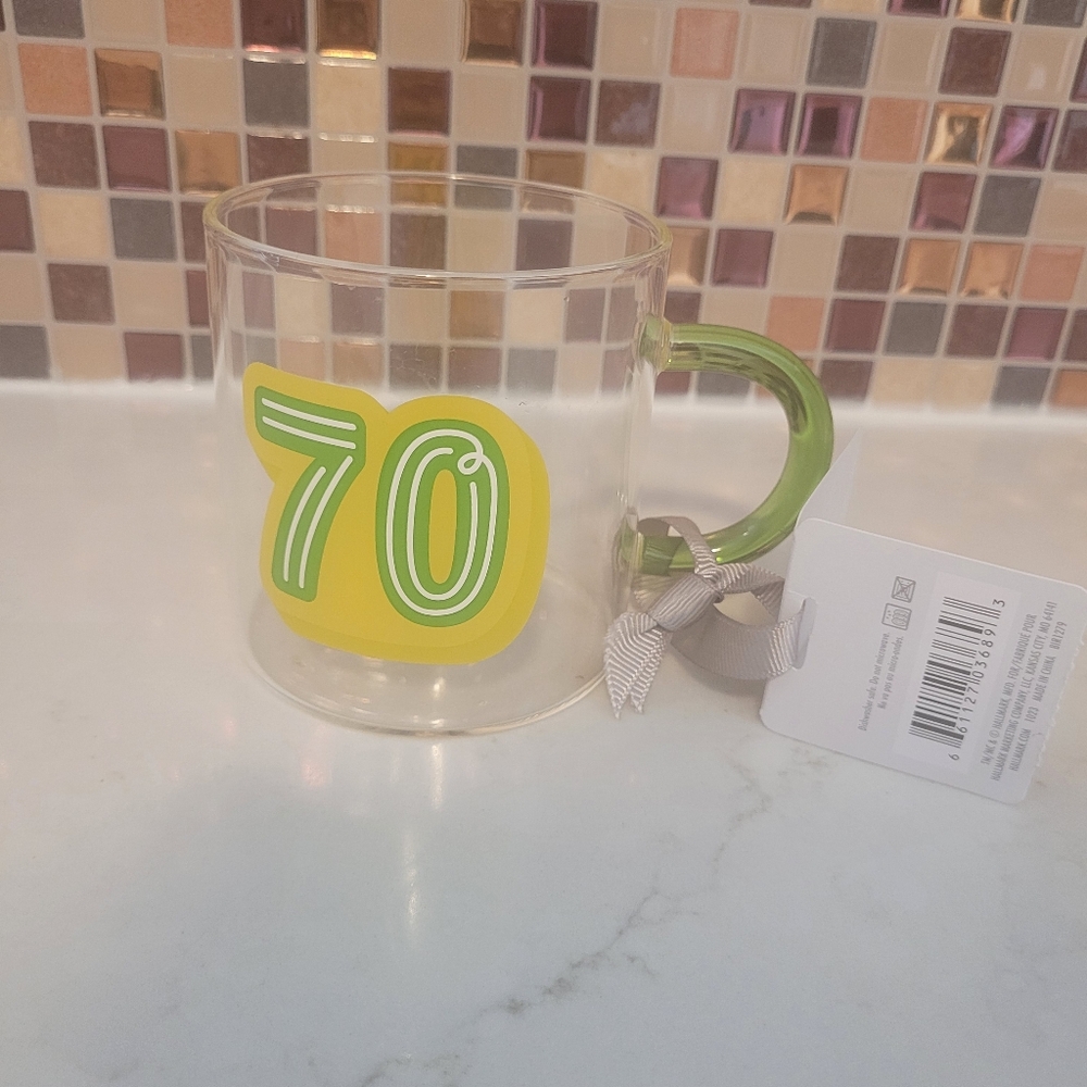 Hallmark "70" Clear Plastic Coffee Mug with Green Handle and Yellow Accent